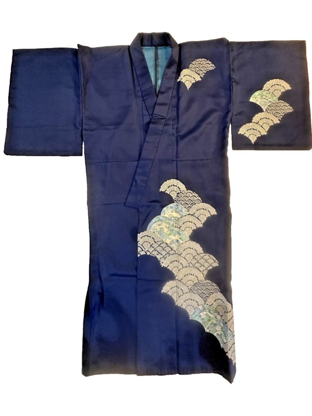 1960s 1970s kimono royal blue waves Japanese Japan original authentic robe VTG